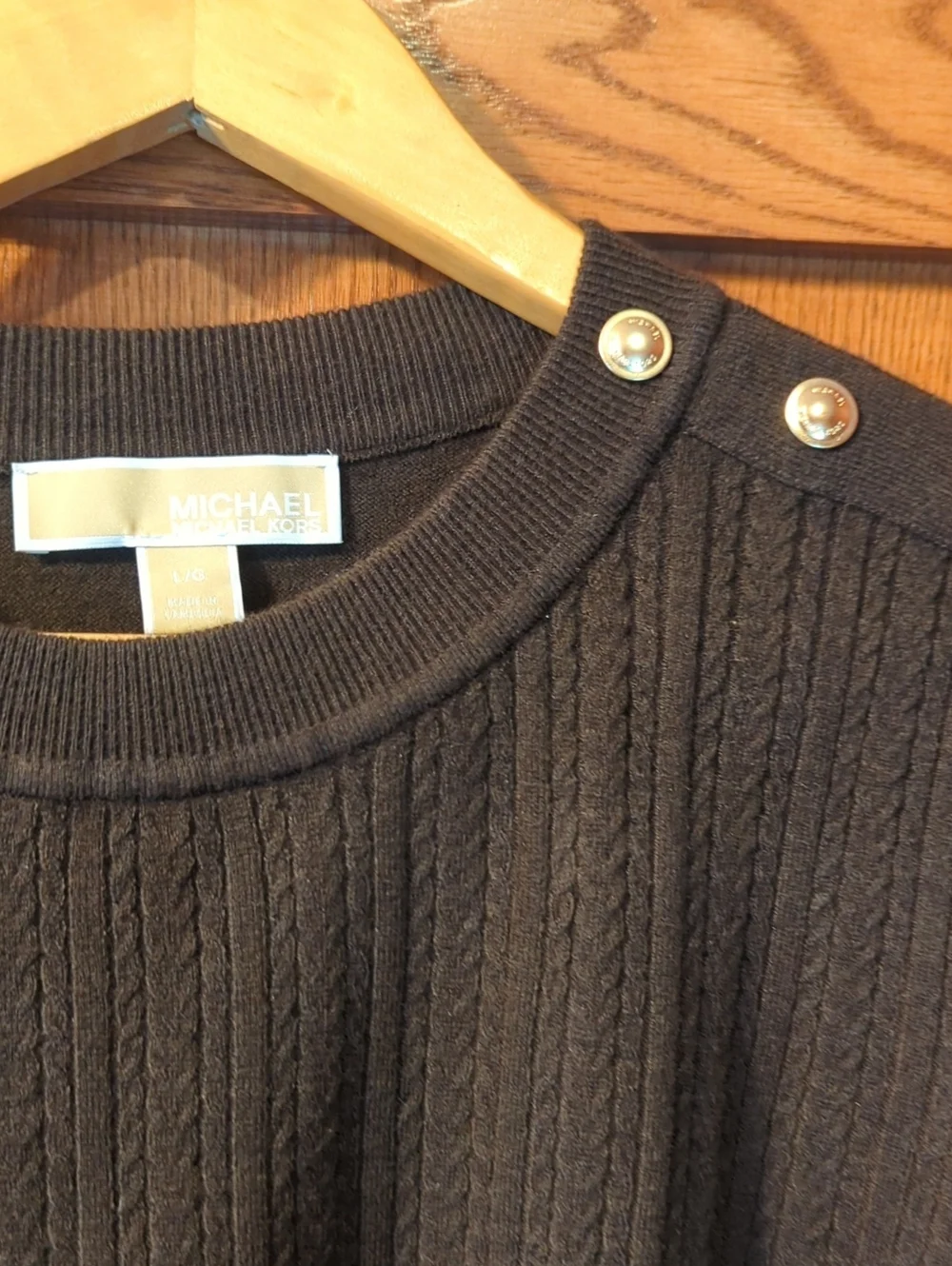 Michael Kors Dark Brown Ribbed Knit Sweater with Shoulder Buttons